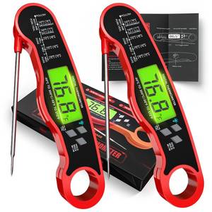 lot 1269 image: 2 Pack Fast Instant Read Meat Thermometer with Backlight - Waterproof Digital Food Probe for Grilling, Cooking, Baking & Candy Making - Kitchen & BBQ Essential(Red)