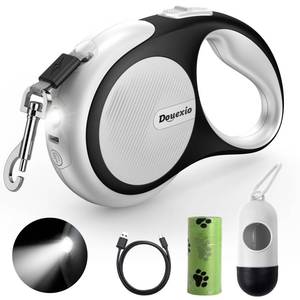 lot 1323 image: Retractable Dog Leash with LED Flashlight, Douexio Upgrade 3 in 1 Dog Leash Retractable for Small Medium Dogs Up to 66 lbs, Anti-Slip Handle (White)
