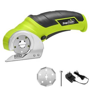 lot 1331 image: SnapFresh Cordless Electric Scissors, 4V Electric Mini Box Cutter, Carpet &amp Cardboard Cutter Tool with a Replacement BladeCharger, Rotary Cutter for Cardboard Packages Leather Plastic Green