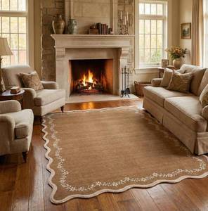 lot 1351 image: GarveeHome 5x7 Scalloped Area Rug Brown Washable Rugs for Living Room Bedroom, Soft Low Pile Non Slip Accent Floor Mat Solid Floral Print Throw Rug Farmhouse Indoor Carpet for Dorm Playroom