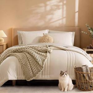 lot 1357 image: Monbix California King Size Comforter Set - 7 Pieces Bed in a Bag California King, Beige Bedding Sets with Comforter, All Seasons Comforter Bed Set with Sheets, Pillowcases & Shams