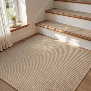 lot 1364 image: Jute Stair Landing Mat-Square Non Slip Stair Treads for Wooden Steps-Peel and Stick Stair Carpet Indoor, Adhesive Staircase Step Treads Residue Free, Natural Landing Mat for Stairs,31x31 Beige