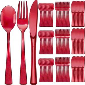 lot 1380 image: Minatee 150 Pieces Disposable Cutlery Set Plastic Silverware Heavy Duty Utensil Sets 50 Forks 50 Knives 50 Spoons for Home Office School Party Picnics Restaurant Outdoor Events(Red)