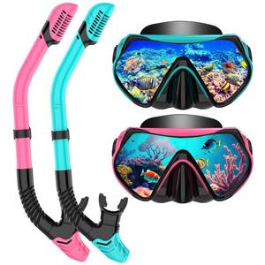lot 1382 image: Snorkeling Gear for Adults, Dry-Top Snorkel Set Scuba Diving mask, 180°Panoramic Wide View Professional Snorkeling Gear Breathing Freely Snorkel Mask (PinkGreen)