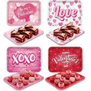 lot 1394 image: Vesici 4 Pack Valentines Day Melamine Serving Trays, 13x10 Large Rectangular Platters for Party Food, Shatterproof Heart Cookie Plates for Appetizers, Romantic Dinner & Galentines Kitchen Decor
