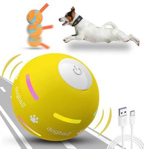 lot 1399 image: OULUXYLS Dog Balls,The 3rd Generation Interactive Toys for PuppySmallMediumLarge Dogs,Improved Dog Rolling Effect Tennis Ball with Strap, Tough Motion Activated Automatic Moving Dog Toys (Yellow)