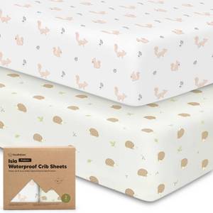 lot 1412 image: 2-Pack Waterproof Baby Crib Sheets for Boys, Girls - 52x28 Viscose Derived from Bamboo Toddler Bed Sheet Neutral, Fitted Crib Mattress Protector Cover for Baby Bedding, Soft & Gentle (NibblesBruce)