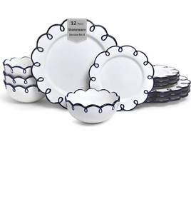 lot 1000 image: Sango 12-Piece Earthenware Dinnerware Set for 4, Glossy White Plates and Bowls Sets with Navy Scalloped Rims, Premium Dish Set, Dishes for Hosting Parties, Birthday & Wedding Gifts, Splash of Cheers