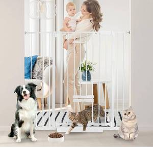 lot 1035 image: 41 Inch Tall Baby Gate with Small Cat Door, Adjustable Auto Close Dog Gate Easy Walk Thru Pet Door for Stairs, Doorway, House (White, 29.52-43.71