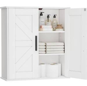 lot 1038 image: Bathroom Wall Cabinet, Over Toilet Storage Cabinet with Barn Doors and Adjustable Shelves, 3-Tier Medicine Cabinet Wall Mounted, for Bathroom, Kitchen, Entryway, Laundry Room, White, (7.9 D)