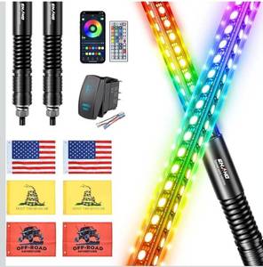 lot 1043 image: Ehaho 2 Pack 3FT LED Whip Light with Speed Sensing, Whip Lights with Spring Base, Tri-Sided RGB Illuminated Whip Light with Rocker Switch, App & Remote Control for UTV ATV Polaris RZR SXS Can-Am Truck