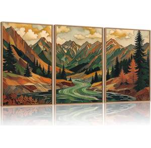 lot 1068 image: HPINUB Abstract Boho Mountain Framed Canvas Wall Art Set,Vibrant Forest Pine Tree Wall Decor,Textured Landscape Artwork Rustic Linear Scenery Art Print for Living Room,Bedroom,Office-24 x36 x3