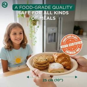 lot 1079 image: ECO SOUL 10 Inch Compostable Disposable Paper Plates 100 Pack Food Safe 100% Virgin Bagasse Pulp Heavy Duty Biodegradable Microwave Safe Large Round Dinner Plate for Party, Picnic & BBQ (Brown)