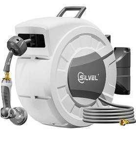 lot 1086 image: Retractable Garden Hose Reel, 12 x 100ft Wall Mount Heavy Duty Automatic Hose Reel with 10 Pattern Nozzle, Any Length Lock &amp Slow Return System, 180°Swivel Bracket Upgraded UV Resistant,Light Grey