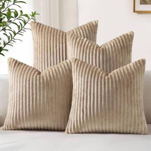 lot 3017 image: decorUhome Set of 4 Neutral Light Brown Throw Pillow Covers 18x18 Inch, Decorative Soft Plush Flannel Double-Sided Fluffy Couch Spring Pillow Covers, Farmhouse Cushion Covers for Sofa Living Room - Retail $24