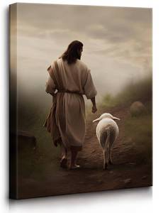 lot 3020 image: Framed Jesus and Lamb Canvas Wall Art - Vintage Oil Painting Poster for Modern Home Decoration - 12x16 Inch