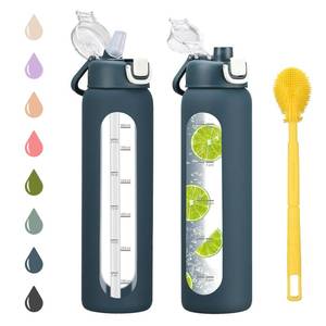 lot 3024 image: chunmo 32 oz Glass Water Bottle with 2 Lids-Handle Spout Lid & Straw Lid, 1 Liter Motivational Borosilicate Water Bottle with Time Marker and Silicone Sleeve,Leakproof-Dark Blue-1 Pack - Retail $24