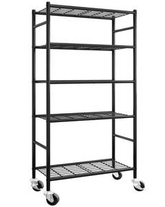 lot 3030 image: Sakugi Storage Shelves Organizer - 5 Tier Metal Shelf Organizer with Metal Wheels and Adjustable Leveling Feet, Heavy Duty Garage Shelving for Kitchen, Pantry and Closet, 33.1x12.6x73.5, Black - Retail $65