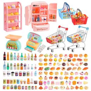 lot 3049 image: 165Pcs Mini Shopping Cart Basket Miniature Food Drink Toy Supermarket Metal Handcart Shelves Cash Register Fridge Food Scale Trolley Dollhouse Store Grocery Accessories Kitchen Play Game Party Model - Retail $19