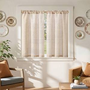 lot 3051 image: jinchan Striped Linen Kitchen Curtains 45 Inches Length Tier Curtains Farmhouse Modern Cafe Style Small Window Treatments Airy Light Filtering Rod Pocket for Living Room Bathroom 2 Panels Tan - Retail $22