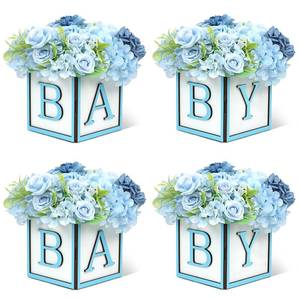 lot 3066 image: MASTRON Baby Shower Centerpieces for Table - 4 Set of Wood Boxes with BABY Letters 6 x 6 inch Cube Planter Vase Baby Blocks for Boys Baby Shower Gender Reveal Favor - Blue - Retail $33