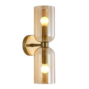 lot 3072 image: EFINEHOME Minimalist 2-Light Gold Wall Sconces with Cylinder Glass Shades- Mid Century Vanity Wall Double Lights Hardwired- Modern Indoor Glass Wall Mounted Art Decor Lights (Amber, 1 Pack) - Retail $64