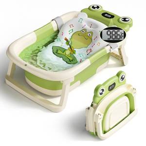 lot 3086 image: BUNWAG Baby Bathtub, Collapsible Newborn Bathtub for Infant to Toddler 0-24 Months with Soft Cushion and Thermometer,Portable Travel Newborn Tub with No-Slip Feet, Baby Shower Gifts,Green - Retail $50