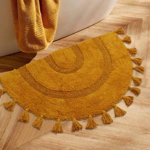 lot 3126 image: Half Circle Boho Bathroom Rugs with Tassels 100% Cotton Hand-Woven Bath Mat Non Slip Absorbent Bath Rugs with Rug Pad Washable Boho Bath Mat Carpet for Tub, Shower 20x32,Mustard - Retail $26