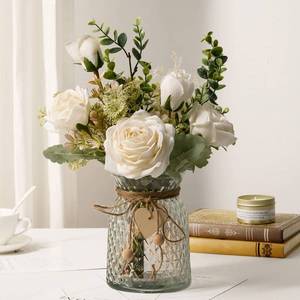 lot 3156 image: YJ Fake Flowers with Vase, Silk Roses Artificial Flowers in Vase, Faux Flower Plant Arrangement Suitable for Home Office Decoration, Dining Table Centerpiece(White) - Retail $27