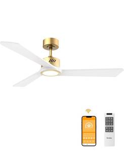 lot 2857 image: DAMINY Natural Solid Wood White and Gold 52 inch Ceiling Fan with Light,3 Blades,6CCT,Low Profile Ceiling Fan with Light and Remote Control