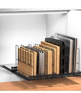 lot 2860 image: Housolution Pull Out Large Baking Tray and Cookie Sheet Organizer, 13-22 Width Expandable Cutting Board Organizer with 8 Adjustable Dividers, 20 Deep Bakeware Muffin Pan Storage Rack for Cabinet