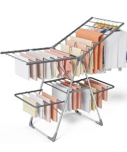 lot 2879 image: Clothes Drying Rack, Foldable 2-Level Laundry Drying Rack with Height-Adjustable Wings, for Clothing