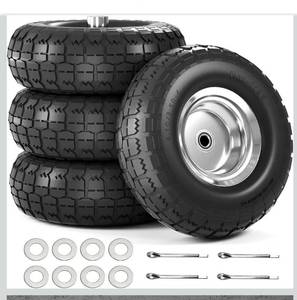 lot 2886 image: 4.103.50-4 Tire and Wheel Flat Free, 10 Inch Solid Rubber Tire with 58 Axle Bore Hole and Double Sealed Bearings, for Dolly WheelsHand Truck WheelsDump Cart-4 Pack