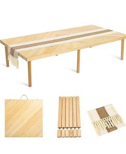 lot 2894 image: Folding Picnic Table, Portable Boho Low Picnic Table for Indoor Outdoor, 60 x 30 Wooden Table with Adjustable Heights for Camping, Wedding, Beach, Garden, Party(Large Size for 6)