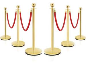 lot 2902 image: SHAREWIN Gold Stainless Steel Stanchions Rope - Crowd Control Barriers with Red Carpet Safety Barrier, Velvet Ropes and Posts & Retractable Belts for Party Theater Weddings, Museums - 6 Pcs