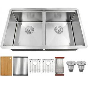 LQS Kitchen Sink 32 Inch, Undermount Kitchen Sink 32\" x 19\", Double Bowl Stainless Steel Kitchen Sinks, 16 Gauge Stainless Steel Handmade Sinks with Abundant Accessories, Round Corner and 10\" Depth - Retail $279