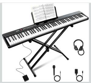 lot 2927 image: 88 Key SEMI-Weighted Keyboard Piano For Beginners wStand, Corded Electric, MIDI, Bluetooth, 1000 TonesRhythms, 150 Demos, Sustain Pedal, Teaching Mode, Metronome, Sync, Dual Key, Key Drum