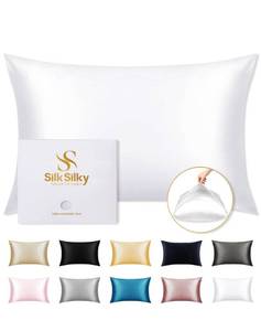 lot 3178 image: SilkSilky 100% Mulberry Silk Pillowcase - Pure 22 Momme High-Grade 6A Fibers for Hair & Skin, Envelope Closure, Natural, Organic, Breathable & Cooling Pillow Case (Standard, White)