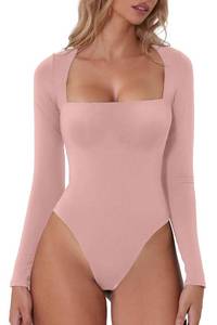 lot 3224 image: QINSEN Womens Sexy Square Neck Bodysuit Long Sleeve Double Lined Shirt Tops Bridal Rose S
