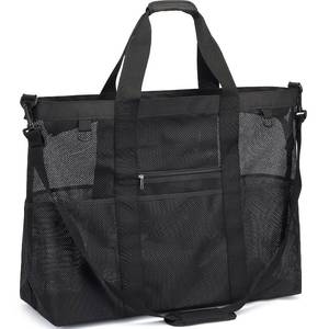 lot 3262 image: Fammart Mesh Beach Bag, Large Beach Tote with Zipper Pocket, Toys Pool Bag for Family Travel Vacation Cruise Essentials, XXL - Black