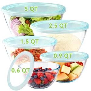 lot 3280 image: YUANYE 5 Pack Glass Mixing Bowls with Lids Set (52.51.50.90.6QT), Thick Glass Large Salad Bowl Set, Nesting Kitchen Bowls for Serving, Prepping, Cooking and Baking, Dishwasher,Oven,Microwave Safe