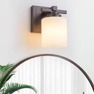 lot 3282 image: BrkNit 1 Light Modern Bathroom Light Fixtures Over Mirror, Bronze Finish Vanity Lights for Bathroom Wall Sconces with Milky White Glass Shades, E26 Socket (Bulbs Not Included)