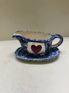 lot 333 image: Blue Spongeware Gravy Boat with Heart Design