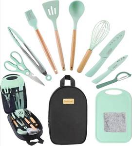 lot 70582 image: Camkinger 10-Piece Mint Green Kitchen Utensil Set with Storage Bag - Retail $25