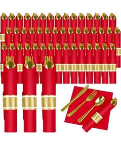 lot 70644 image: Red and Gold Pre-wrapped Cutlery Set with Napkins 100set - Retail $55