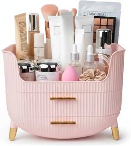 lot 351530 image: Makeup Organizer with Drawers, Skincare Storage Box for Vanity, Multiple Compartments, Portable Cosmetic Display Case with Handle, Large Make up Organizers for Dresser, Bathroom, Bedroom, Pink
