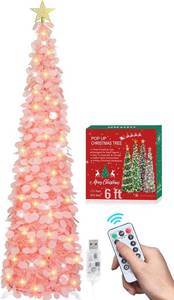 lot 101471 image: HMASYO 6 FT Pop Up Christmas Tree with 100 LED Timer Lights & Remote, Pink Christmas Tinsel Tree, Collapsible Artificial Pencil Tree for Home Office Party Decor, USB Powered, Easy Assembly
