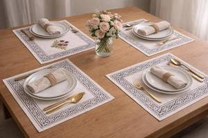 lot 101487 image: Hand Block Print Placemat Set of 4, Floral Design, Purple and Yellow Flowers, Decorative Border, Cotton Table Linen