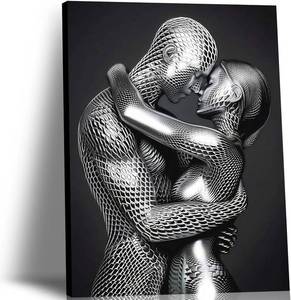 lot 101493 image: Framed Silver Lovers Embrace Wall Art Canvas Painting 3D Abstract Couple Poster Print Modern Love Poster Metallic Texture Romantic Picture for Bedroom Living Room Office Decor 12x16 Inch