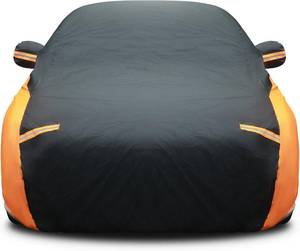lot 101494 image: Riakrum Full Car Cover Waterproof All Weather for Automobiles Windproof Cover Rain UV Protection Sun Scratch Resistant Outdoor Universal(Fit Sedan Length (185-193) 70 H,Black, Orange)